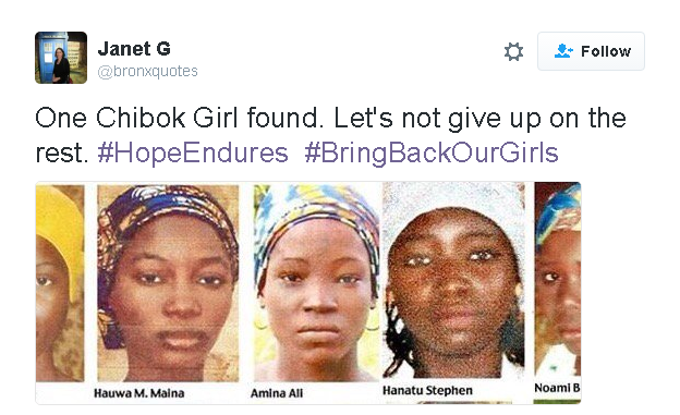 One Chibok Girl found. Let's not give up on the rest. #HopeEndures #BringBackOurGirls