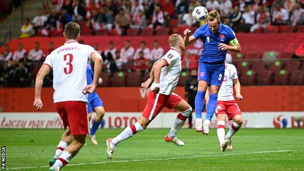 Harry Kane in action for England against Poland in Warsaw in a World Cup qualifier