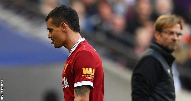 Liverpool defender Dejan Lovren is substituted after 31 minutes at Wembley