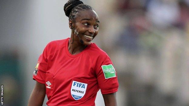 Salima Mukansanga officiating at the 2021 Africa Cup of Nations