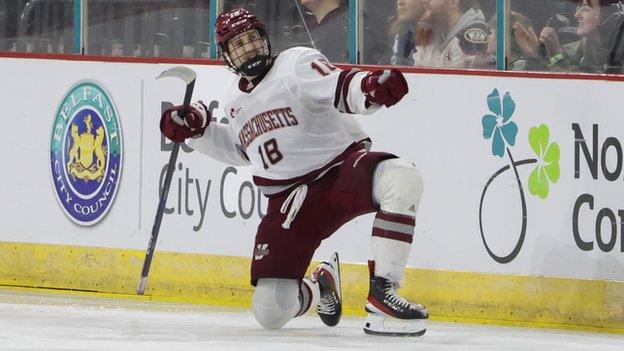 Celebration time for Taylor Makar after equalising for the Minutemen at the SSE Arena