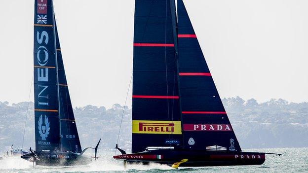 Luna Rossa leads Ineos Team UK during Sunday's racing