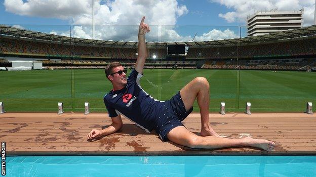 England bowler Jake Ball poses by the pool at the Gabba stadium in Brisbane