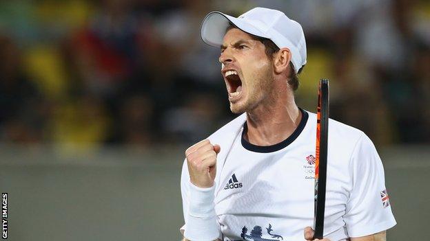 Andy Murray celebrates wining gold at the Rio 2016 Olympic Games