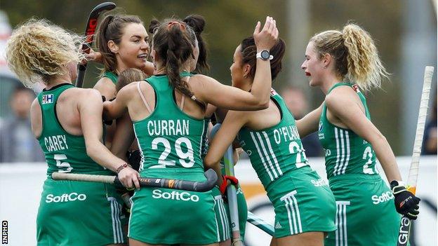 Ireland celebrate after scoring one of their four goals against France