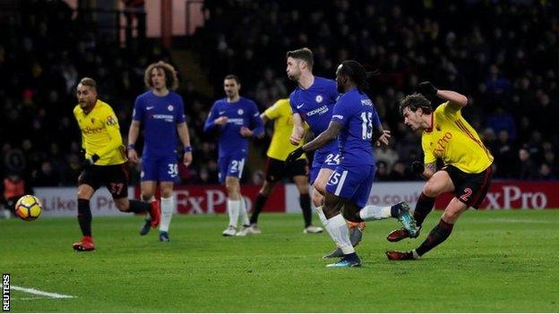 Daryl Janmaat scores for Watford against Chelsea