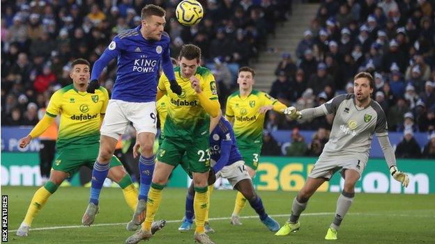 Jamie Vardy heads the ball during Leicester's 1-1 draw with Norwich on 14 December