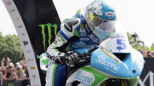 Dean Harrison leaves the starting line in Monday's first Supersport TT race