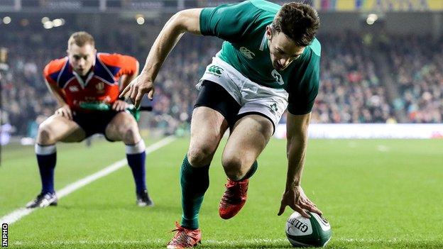 Munster wing Darren Sweetnam dots down Ireland's opening try against Fiji