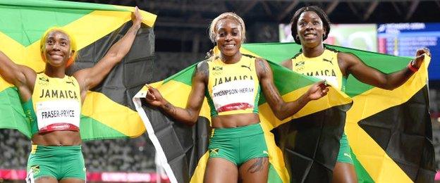 Shelly-Ann Fraser-Pryce, Elaine Thompson-Herah and Shericka Jackson