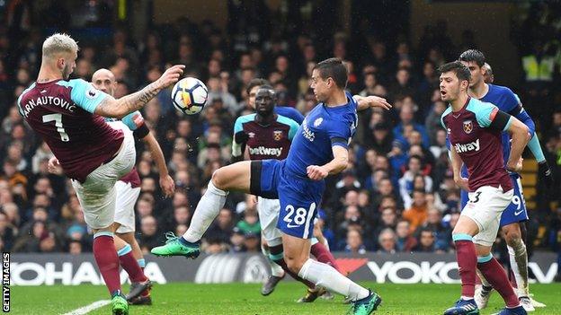 Cesar Azpilicueta scores for Chelsea against West Ham