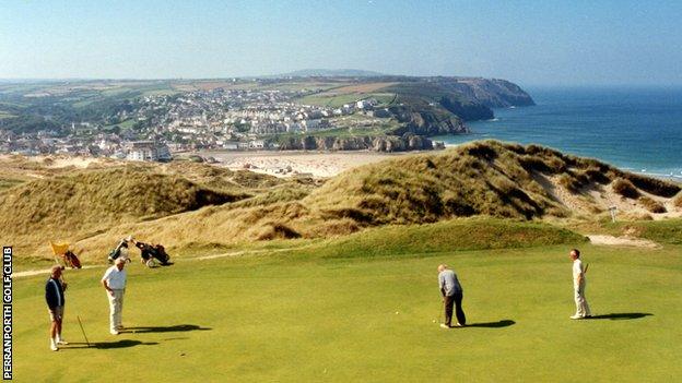 Golfers at Perranporth Golf Club, Cornwall