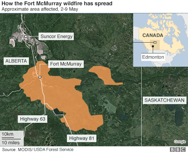 Map showing area affected by wildfire