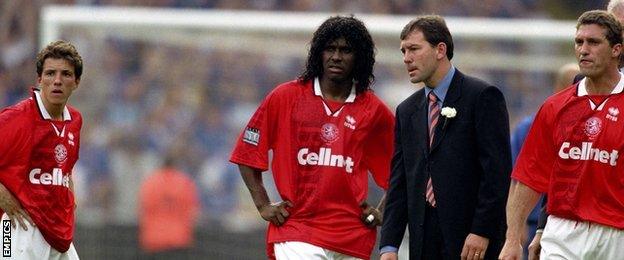 Juninho (left), Emerson (second left) and Nigel Pearson (right) were part of Bryan Robson's Boro team which lost 2-0 in the 1997 FA Cup final to Chelsea at Wembley