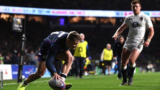 Darcy Graham scores a try for Scotland against England