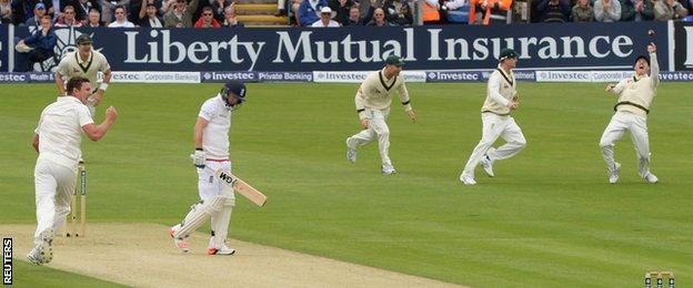 Adam Lyth is dismissed by Josh Hazlewood