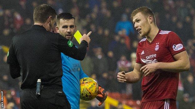 Sam Cosgrove was booked for diving by referee Craig Thomson