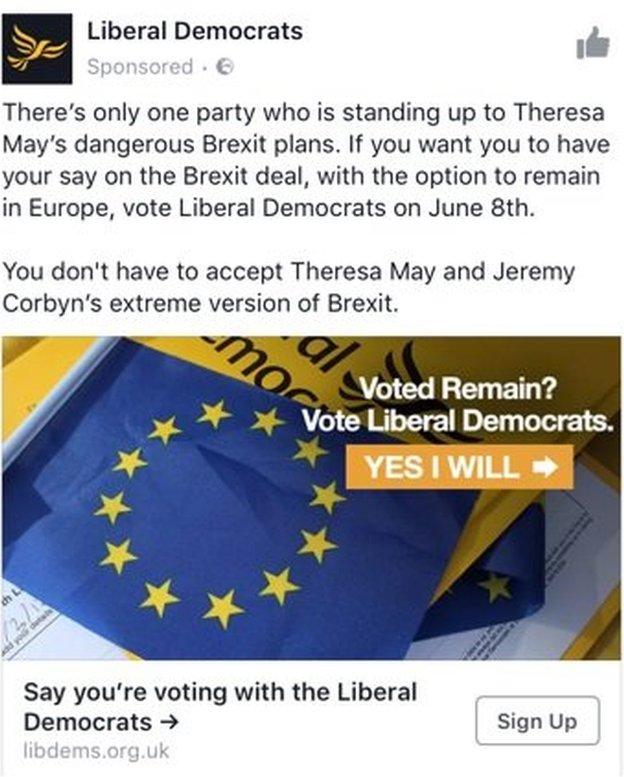 A Lib Dem Facebook advert, calling on voters to reject 'extreme' Brexit