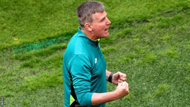 Stephen Kenny celebrates after Troy Parrott put the Republic of Ireland 2-0 at the Aviva Stadium