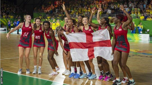 England celebrate winning Commonwealth Games gold