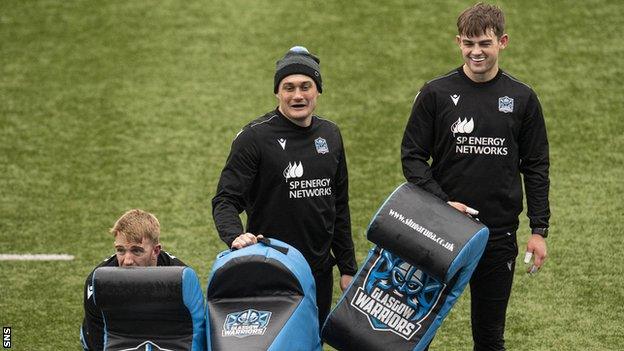 Kyle Steyen, Cole Forbes and Ross Thompson during a Glasgow Warriors training session at Scotstoun Stadium