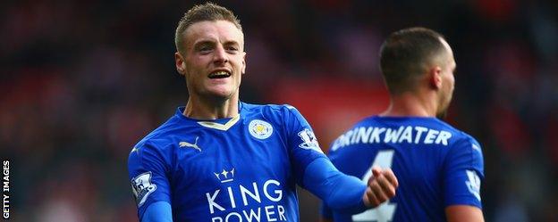 Jamie Vardy celebrates with Leicester