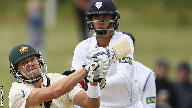 Harvey Hosein keeps wicket during a Derbyshire's Tour Match against Australia