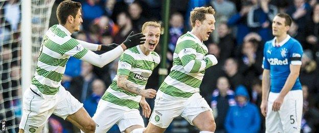 Celtic celebrate their second goal last year against Rangers