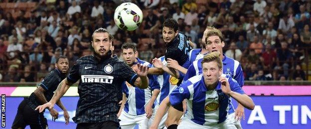 Inter Milan forward Pablo Osvaldo fights for the ball with Stjarnan's Hordur Arnason in their Europa League play-off match in August