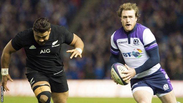 Stuart Hogg in action against New Zealand at Murrayfield in 2017