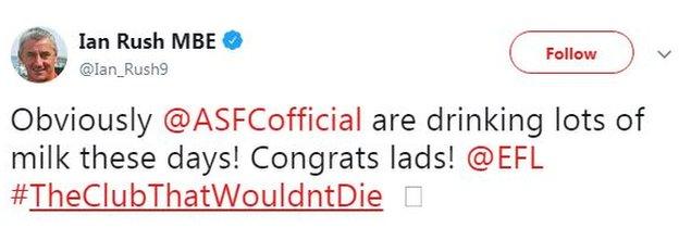 Ian Rush tweets Accrington Stanley after they won promotion from League Two