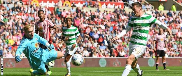 Celtic's Callum McGregor fires past Sunderland goalkeeper Jason Steele