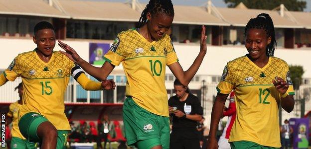 Linda Motlhalo (centre) celebrates her goal against Burundi