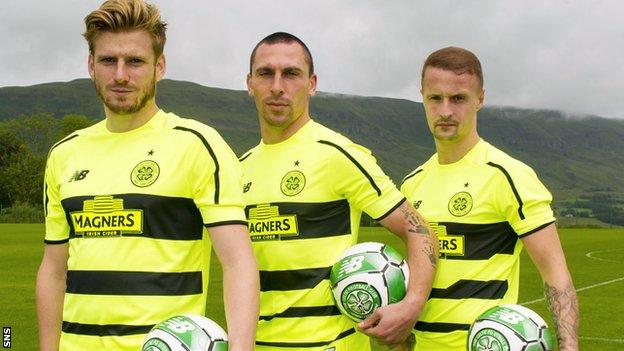 Stuart Armstrong, Scott Brown and Leigh Griffiths model Celtic's new kit