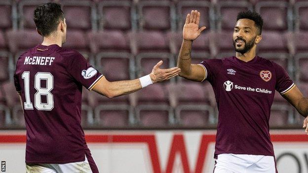 Aaron McEneff celebrates with Shay Logan