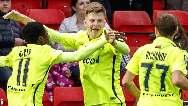 Maksim Maksimov (centre) celebrates against St Johnstone