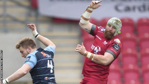 Jake Ball wins a lineout for Scarlets against Cardiff Blues