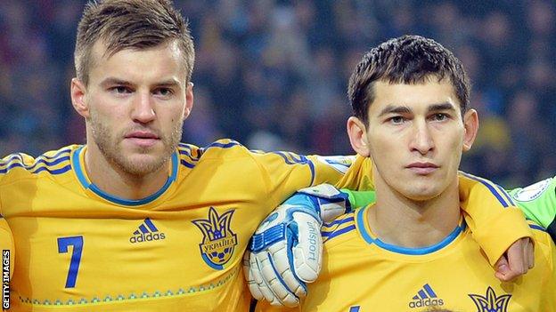 Andriy Yarmolenko (left) and Taras Stepanenko on Ukraine international duty