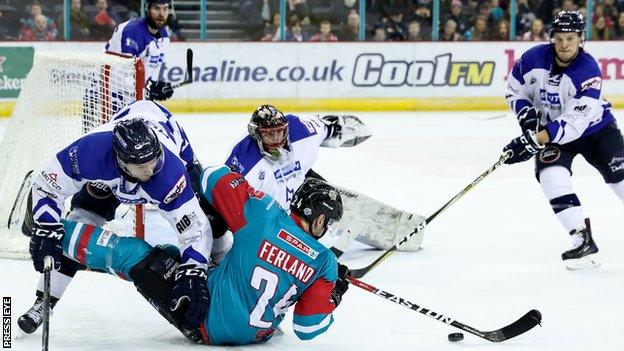 Lightning's Jindrich Pacl and Jonathan Ferland take a tumble during Sunday's league encounter