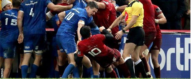 Leinsters' Jonathan Sexton and Munster's Joey Carbery