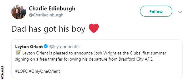 Justin Edinburgh's son, Charlie, on Twitter