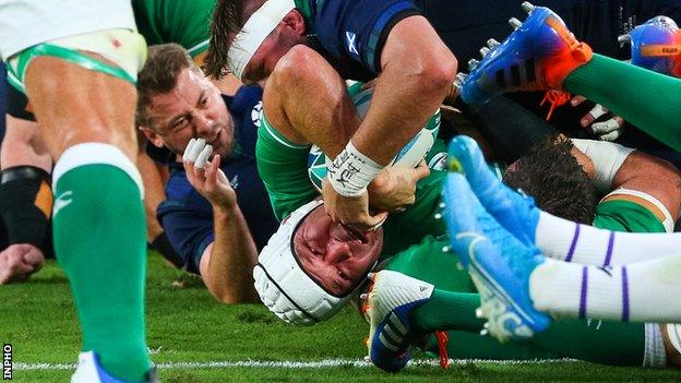 Rory Best scores Ireland's second try in the dominant win over Scotland