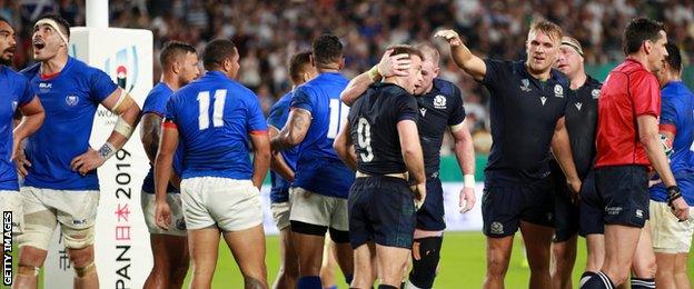 Scotland's Greg Laidlaw celebrates scoring against Samoa