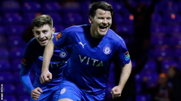 Connor Jennings celebrates scoring for Stockport County against King's Lynn in the National League