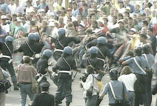 Rioting before the England v Netherlands game in Cagliari in 1990