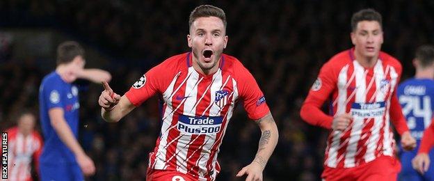 Atletico Madrid's Saul Niguez celebrates scoring against Chelsea