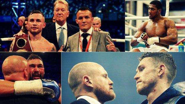 This is a collage of some of British boxing's biggest stars, namely Carl Frampton, Josh Warrington, Anthony Joshua, Tony Bellew, George Groves and Callum Smith, who all look set to fight before the end of 2018.