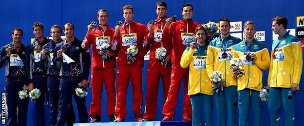 Britain (centre) took gold ahead of the US (left) and Australia