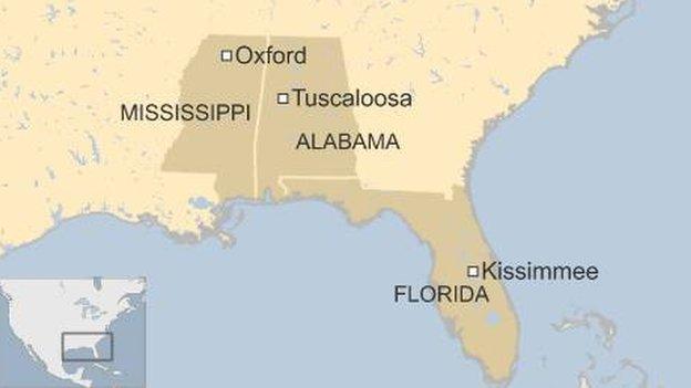 Map of southern US showing Florida, Alabama and Mississippi - 15 August 2016