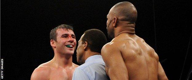 Roy Jones Jnr and Joe Calzaghe face-off during their 2008m bout